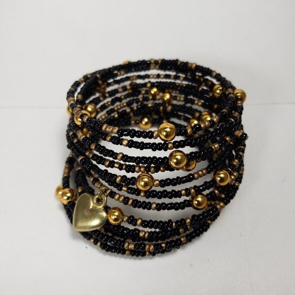 Black & Gold Beaded Wrap Bracelet – Multi-Strand with Gold Heart Charm, Jewelry - Picture 7 of 11
